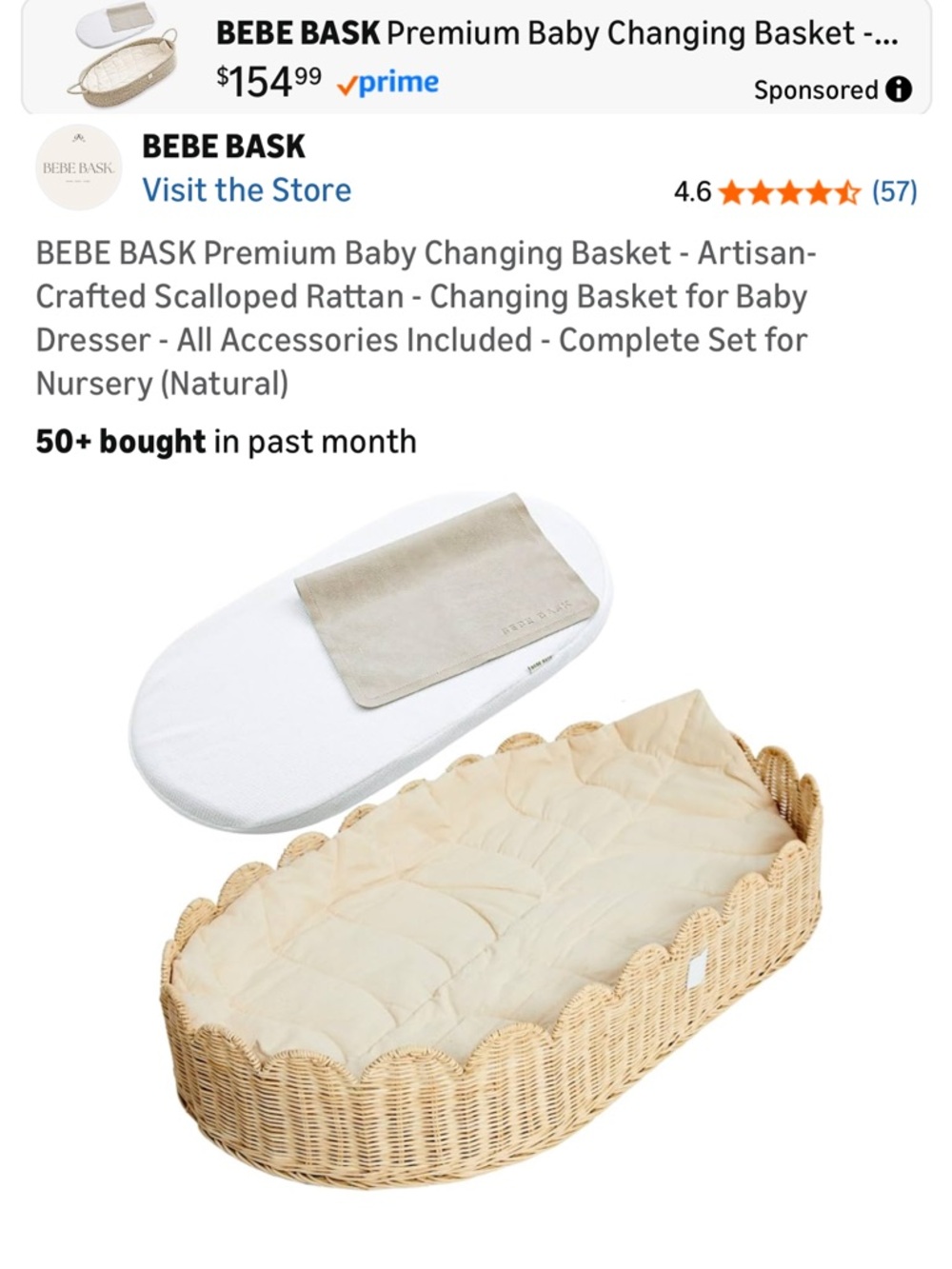 Natural Scalloped Rattan Baby Changing Basket with Linen Pad
